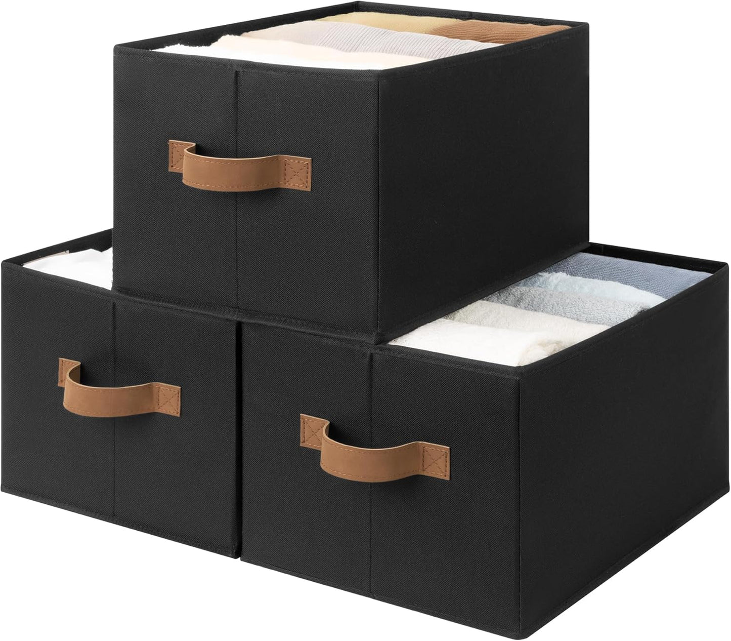 StorageWorks Storage Baskets for Shelves, Foldable Fabric Closet Storage Bins with Handles, Clothes Organizer Laundry Baskets, Black, 3-Pack, Large
