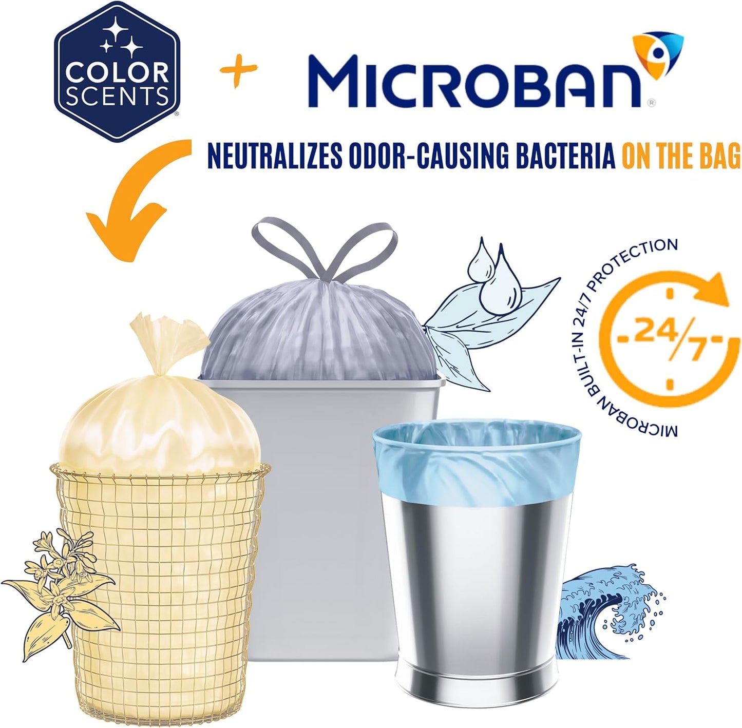 Color Scents Tall Kitchen Trash Bags - 13 Gallon, 100 Bags (1 Pack of 100 Count), Drawstring - White bag in Lavender + Sage Scent with Microban