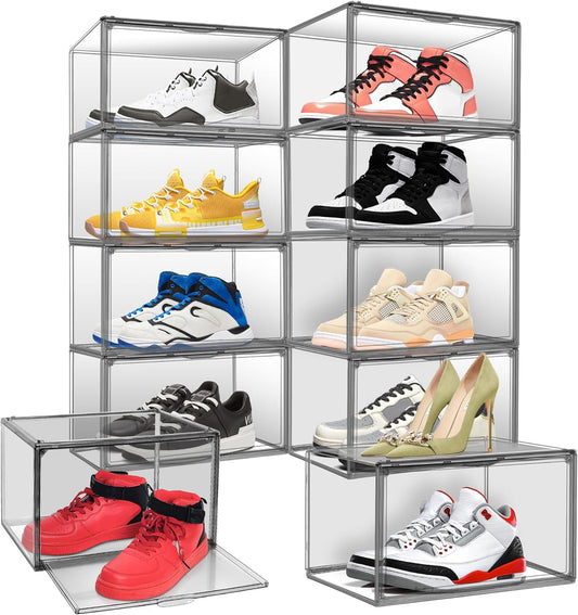 10 Pack Clear Shoe Box Shoe Storage Organizer with Magnetic Door Stackable Shoe Containers for Sneakers, High Heels, Sport Shoes, Size 13