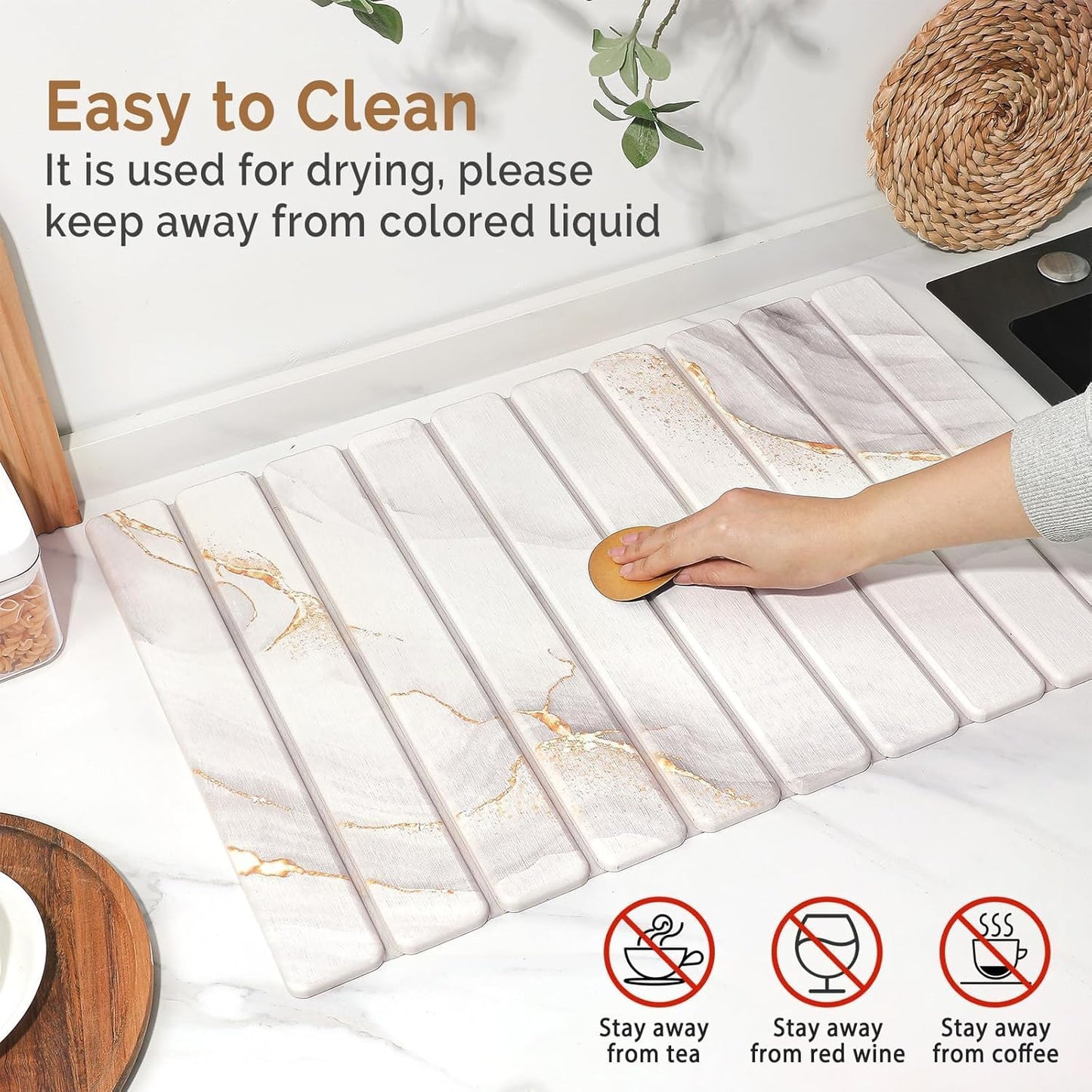 2 PCS Large Stone Dish Drying Mat for Kitchen Counter,Quick Dry Stone Dishes Mats,Marbled Water Absorbing Diatomaceous Earth Drying Pad for Countertop Bottles Utensils Cups(Gold White 24"x16"&8"x4")