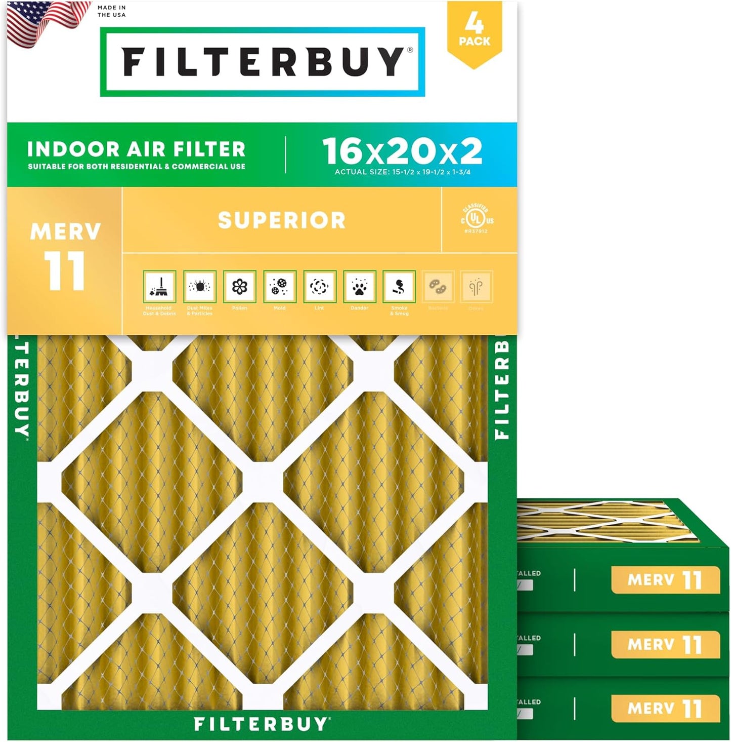 Filterbuy 16x20x2 Air Filter MERV 11 (MPR 1200) Allergen Defense Replacement (4-Pack), Electrostatic Pleated HVAC AC Furnace Filters, Made in USA (Actual Size: 15.50 x 19.50 x 1.75)