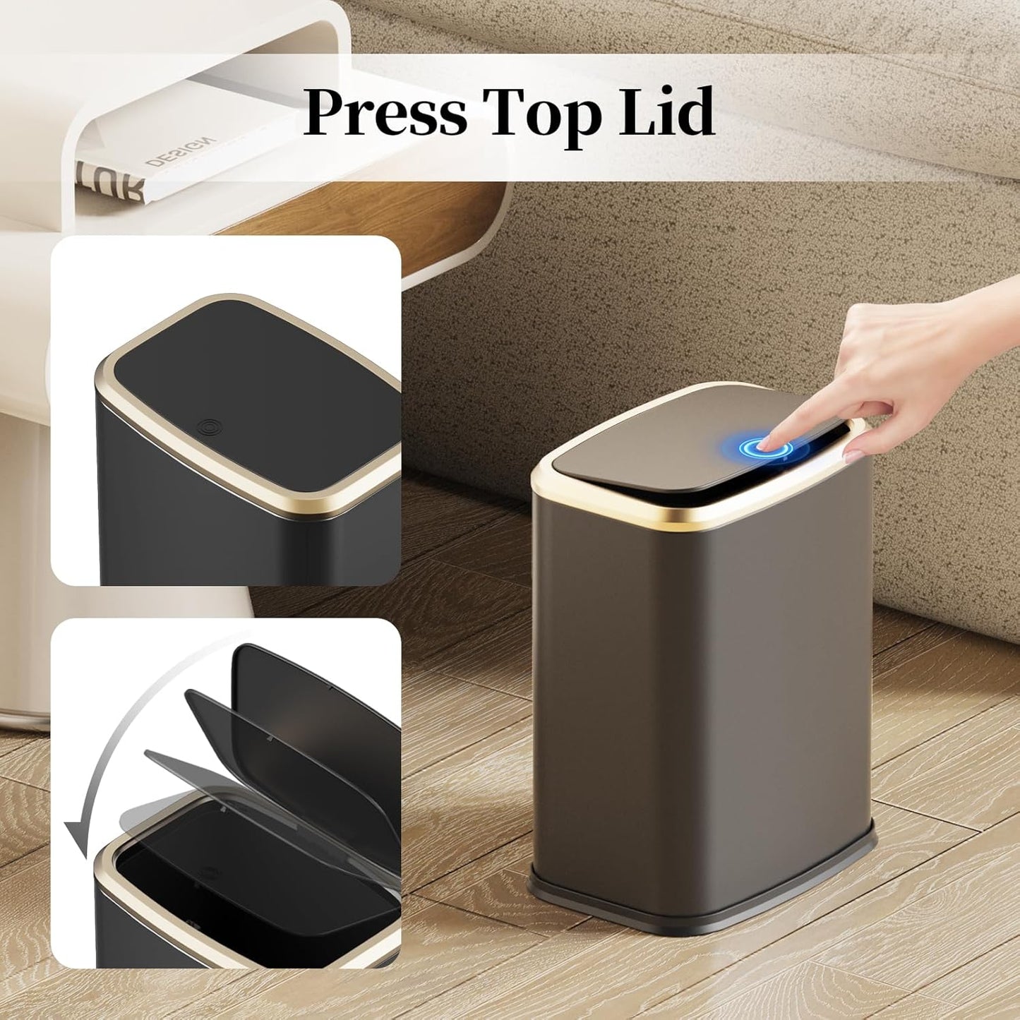 2.1 Gallon Bathroom Trash Can with Lid Press Top, 8 Liter Stainless Steel Garbage Can with Press Type Lid, Slim Trash Bin Waste Basket for Toilet, Office, Bedroom, Living Room (Black)