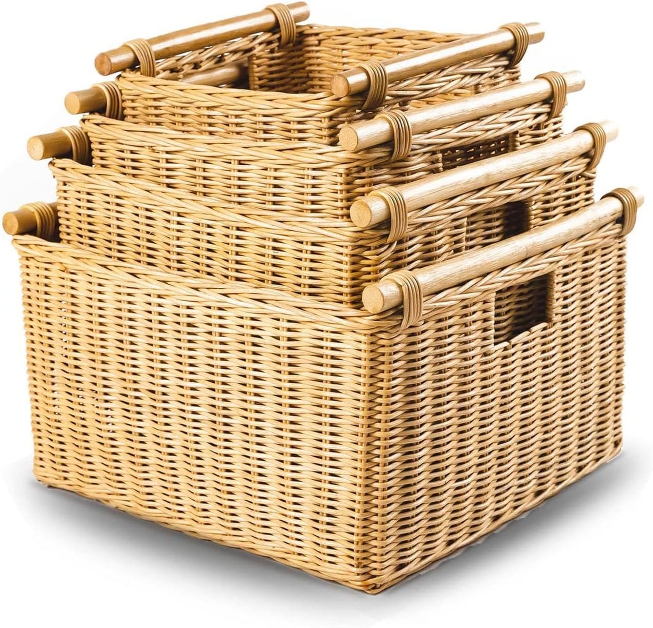 The Basket Lady Deep Pole Handle Wicker Storage Basket, Large, 15 in L x 15.5 in W x 9.5 in H, Sandstone