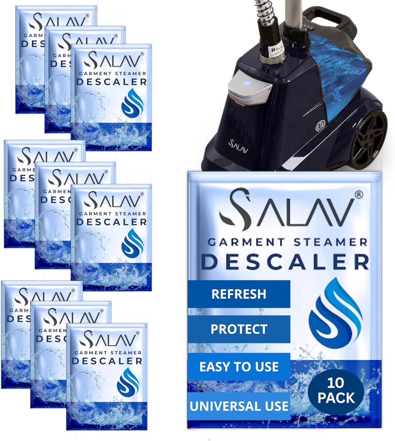 Garment Steamer Descaling Solution Decalcifier Packets for Mineral Deposits and Build-up Removal, Maintenance for Clothes, Works with all Garment Steamer Brands, Cleans Build Up, 10 packs