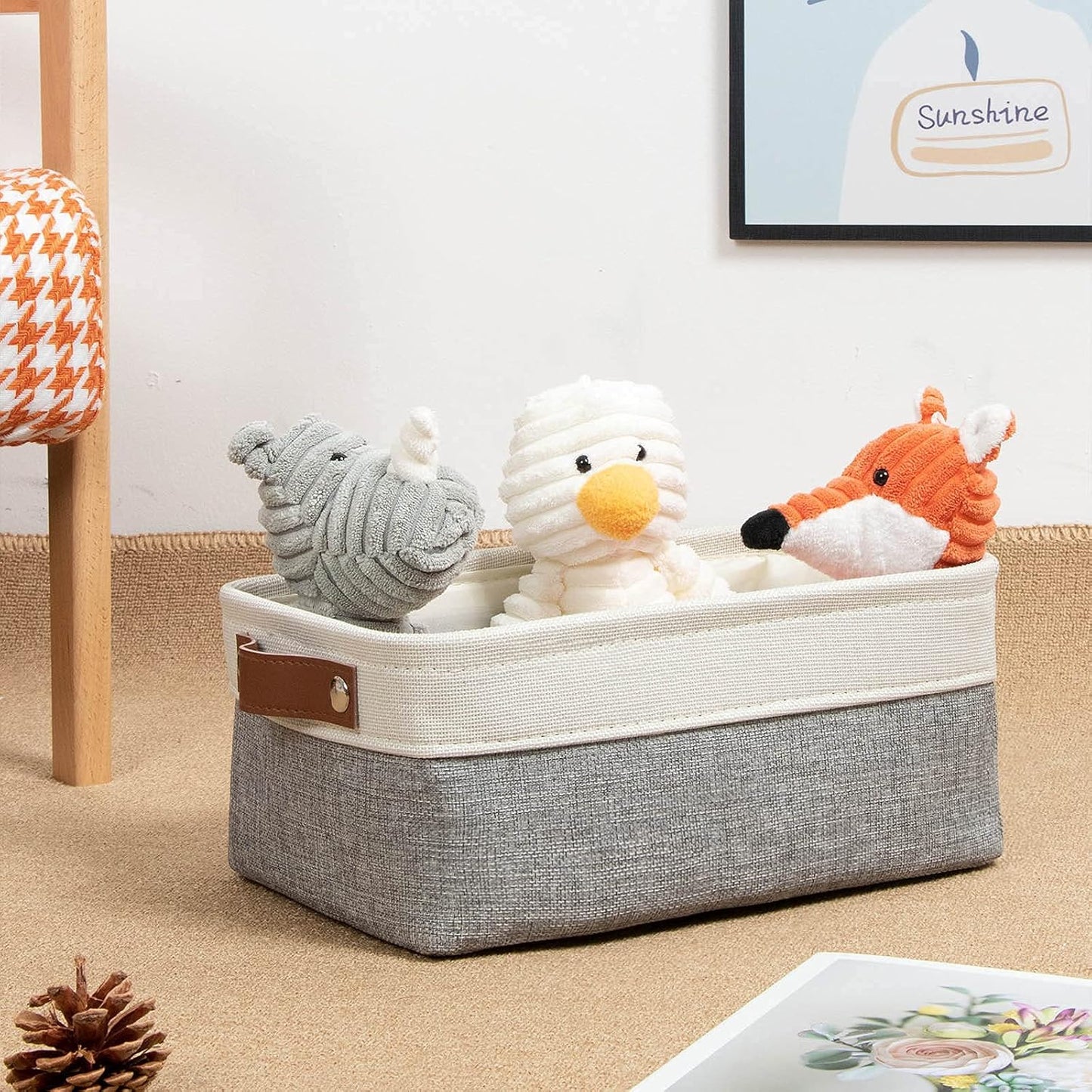 DULLEMELO Small Collapsible Fabric Basket for Organizing, Shelves, Closets, Laundry, Nursery, Decorative Gift Basket (White & Gray)