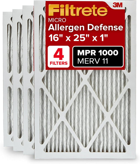 Filtrete 16x25x1 AC Furnace Air Filter, MERV 11, MPR 1000, Micro Allergen Defense, 3-Month Pleated 1-Inch Electrostatic Air Cleaning Filter, 4 Pack (Actual Size 15.69 x 24.69 x 0.81 in)