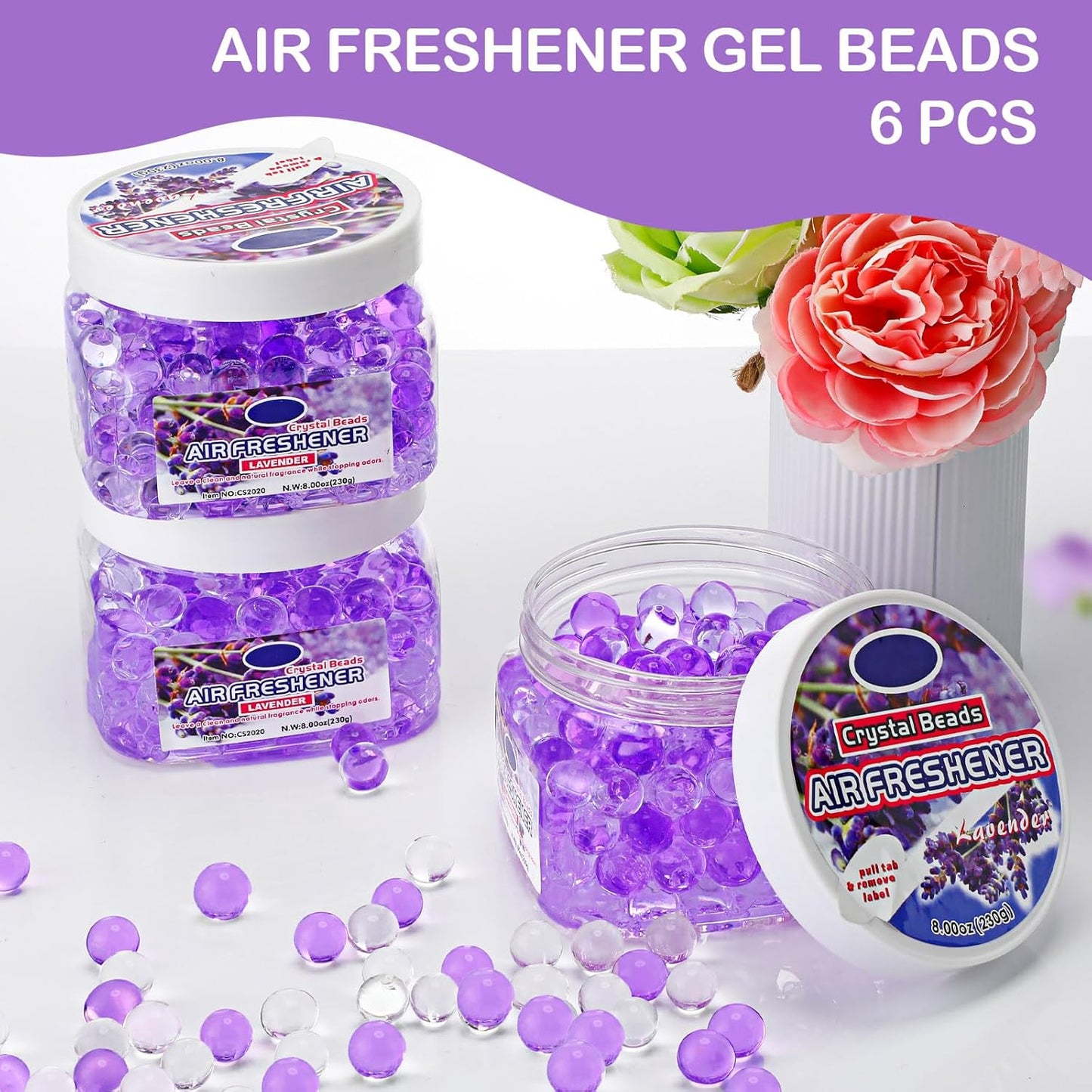 6 Pcs Air Freshener Gel Beads Bulk Odor Eliminator Beads Odor Removing Gel for Home, Bathrooms, Cars, Boats, RVs, Pet Areas, Room, Toilet 8 oz (Purple Lavender)