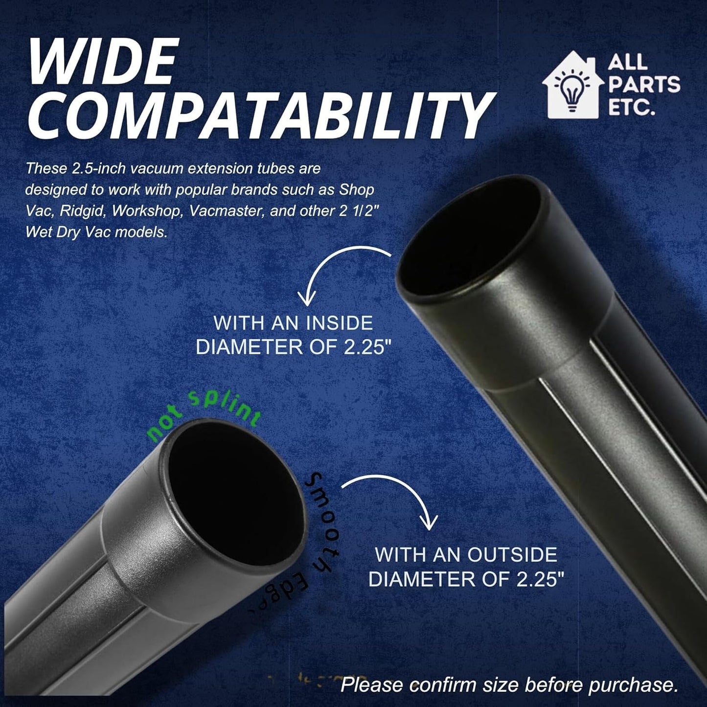 2.5 Inch Vacuum Extension Wands 19" Long for Shop Vac, Rigid, Vacmaster, Workshop & More | 2-Pack Wet or Dry Hose Extension, Compatible with 2 1/2" Vacuum Attachments and Accessories