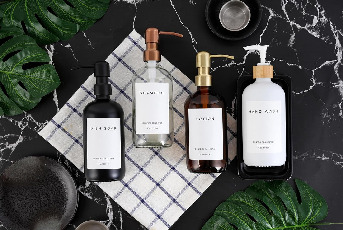 Emerson Soap Dispenser, Dish Soap Dispenser for Kitchen, Bathroom Set, Kitchen Hands and Dishes, Glass Bottles with Pump and Labels, 16 Oz | 2 Pack