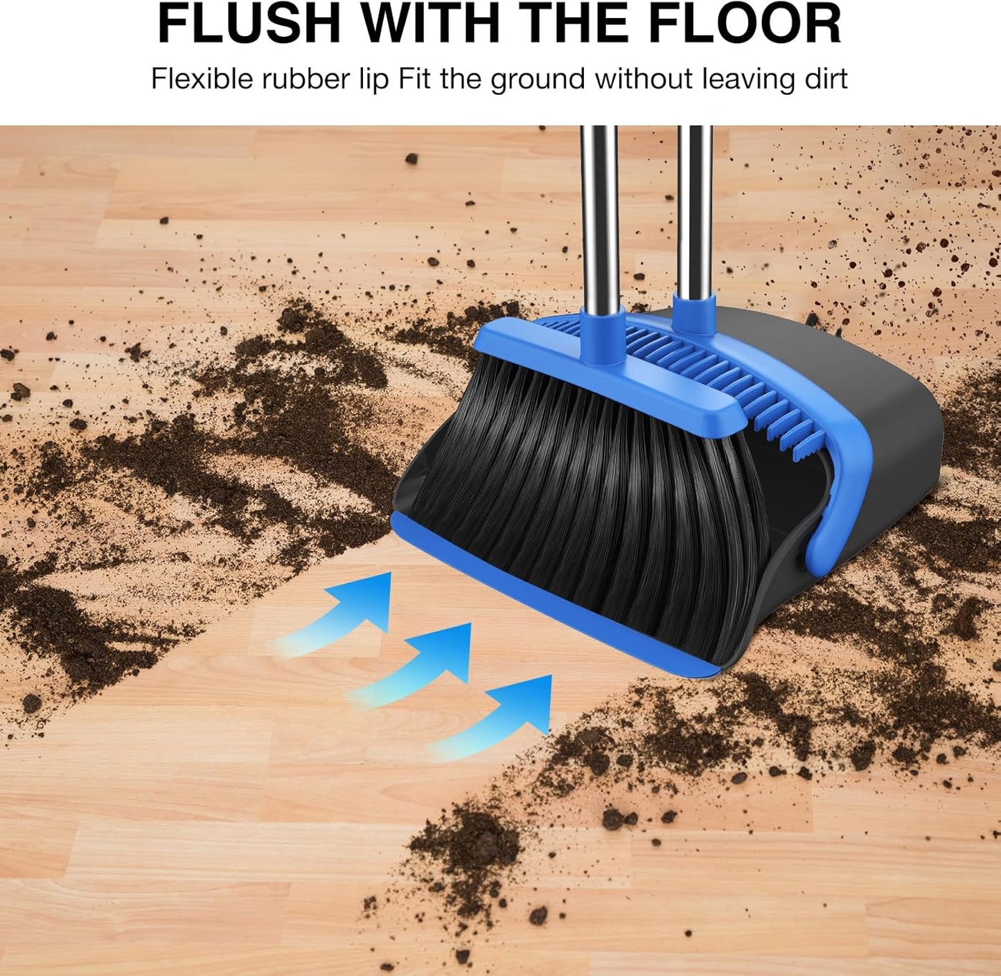 NACENA Broom and Dustpan Set, 52-in Long Adjustable Handle Broom Dustpan Combo with Dustpan Teeth to Automatically Clean Hair Suitable for Home Kitchen Office Hall Floor (Black&Blue), 2 Pack