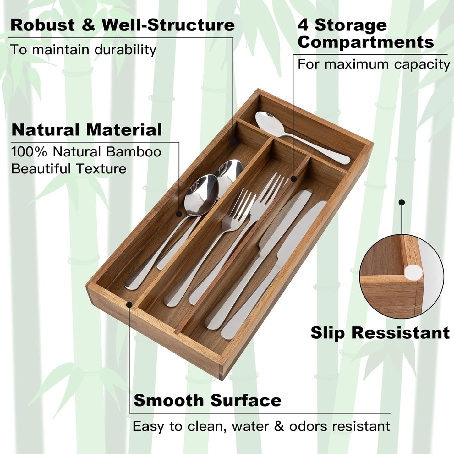 Acacia 4 Slot Silverware Drawer Organizer - Cutlery Holder with Flatware Tray