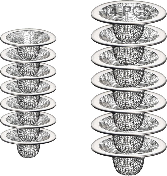 14PCS Drain Mesh Basket, 2.125'' & 2.75" Bathroom Mesh Sink Drain Strainer Screen Cover Small Slop Basket Filter Trap Tub Drain Screen Hair Catcher for Lavatory RV Shower Floor Utility Drain