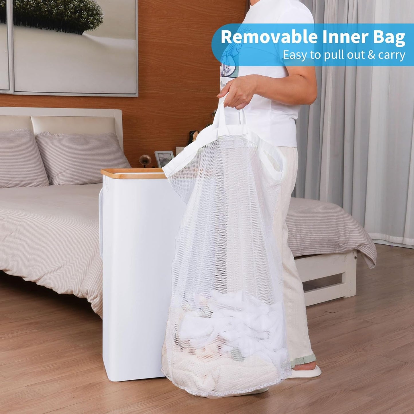 efluky Laundry Hamper with Lid, 100L Tall Laundry Basket with Bamboo Handles for Clothes and Toys, Collapsible Laundry Hamper with Inner Bag for Bedroom and Bathroom, White