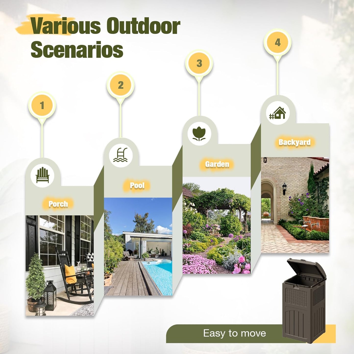 Devoko 33 Gallon Outdoor Trash Can, Hideaway Garbage Bins with Tiered Lid, Waterproof Resin Outside Waste Bins for Patio, Outside Pool, Backyard and Deck(1, Deep Brown)