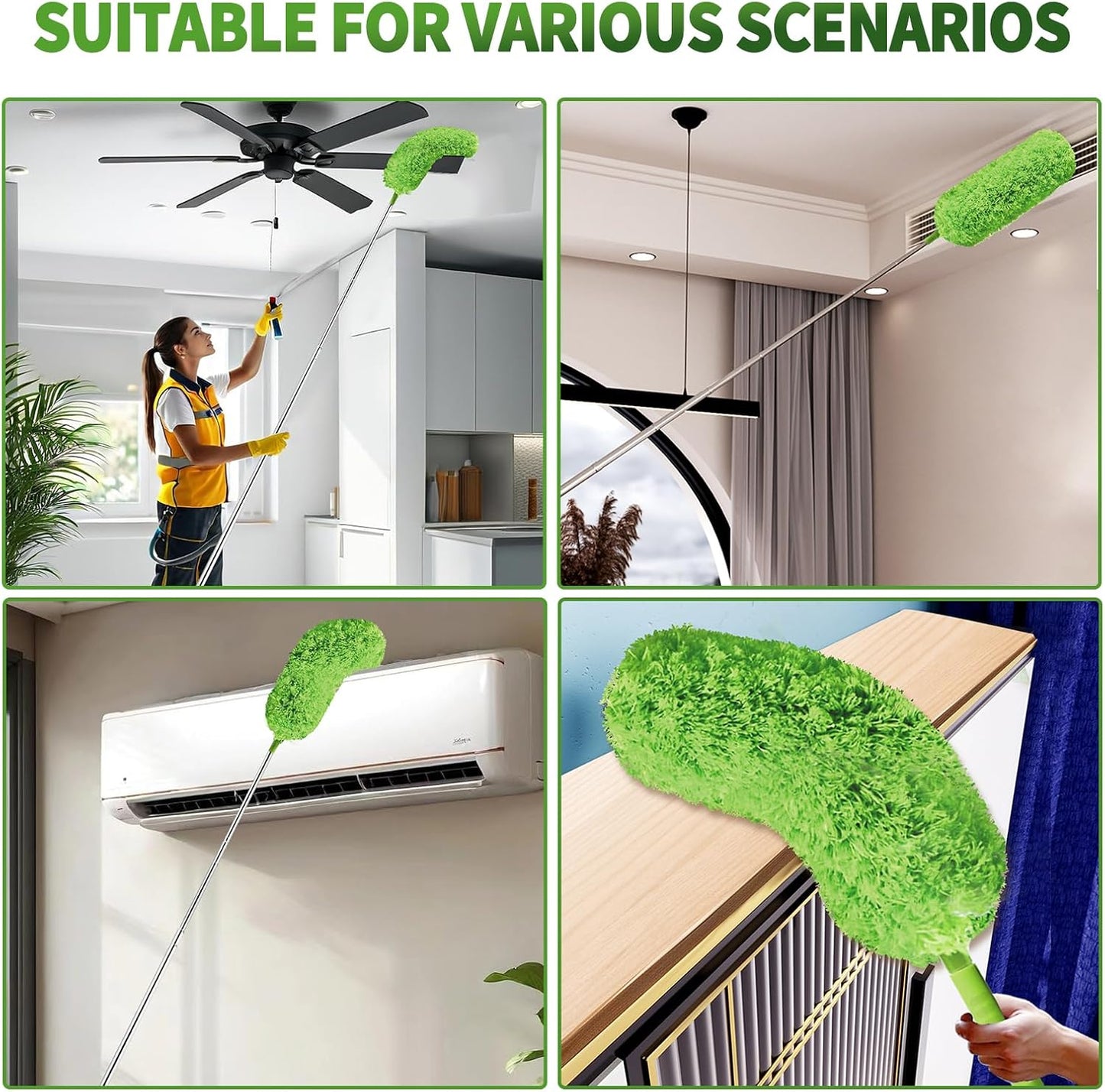 Cobweb Duster with Extension Pole, Washable Cleaning Duster Set with 2 Duster Heads, Corner Brush, 15-110-Inch Telescoping Pole for high Ceiling Fans, Long Duster for high Ceilings，Reach Duster