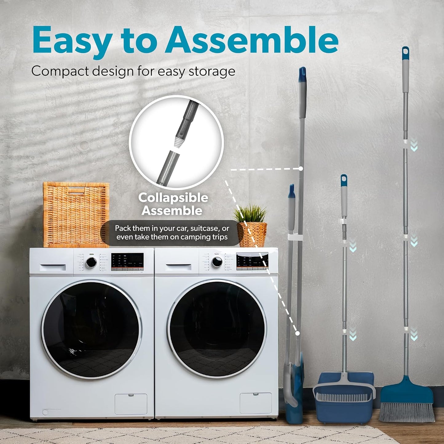 BLACK+DECKER Butler Broom & Dustpan Set - Stand-Up Design - Lightweight, Space-Saving Combo for Kitchen, Living Room, Bathroom, Lobby Floors - Home Cleaning Essential, Ocean Blue