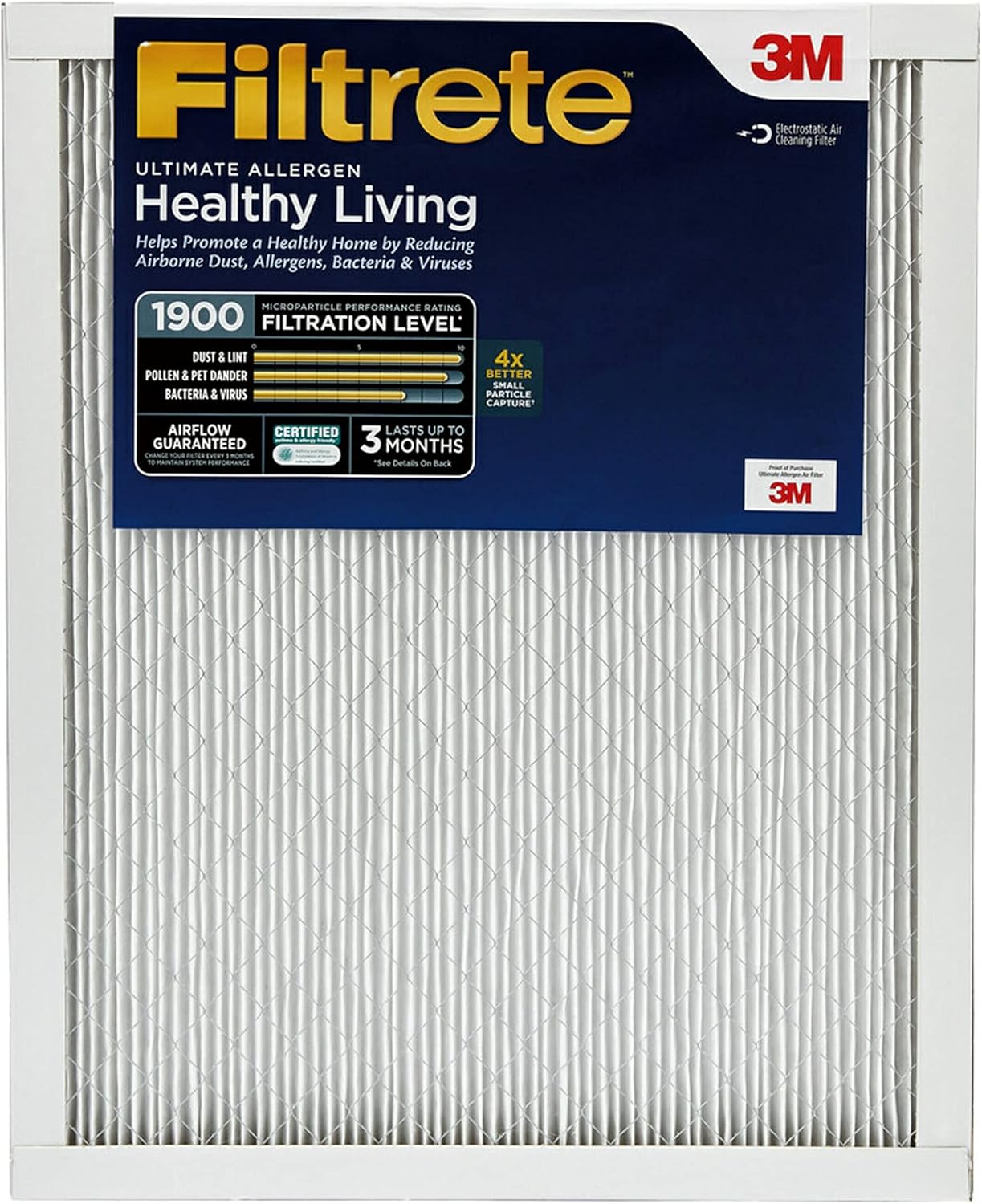 Filtrete 20x25x1 AC Furnace Air Filter, MERV 13, MPR 1900, Premium Allergen, Bacteria & Virus Filter, 3-Month Pleated 1-Inch Electrostatic Air Cleaning Filter, 6-Pack (Actual Size 19.69x24.69x0.78 in)