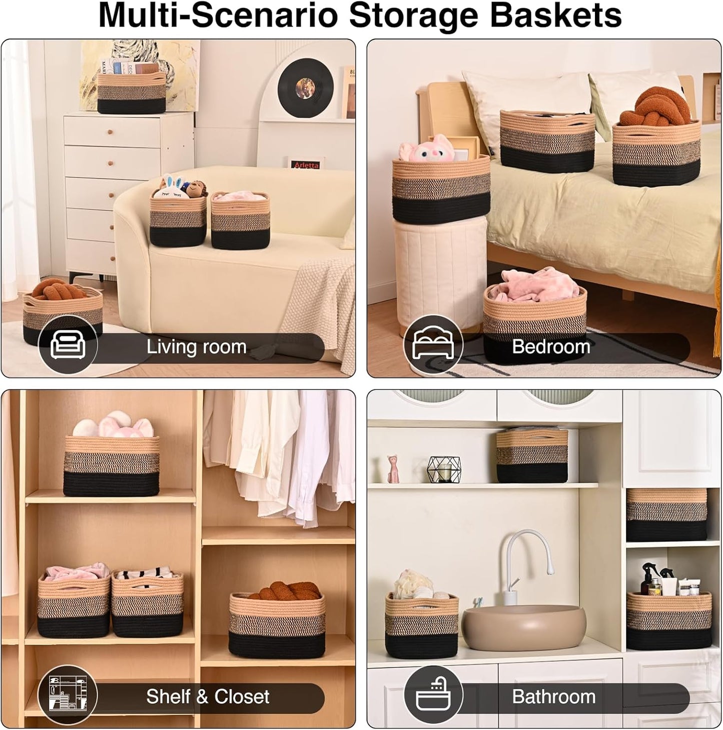 Storage Baskets for Shelves Organizing, Woven Cotton Rope Baskets for Storage, Book Basket, Towel Basket, 12.5"Lx9.1''Wx7.9''H (4 Packs) Gradient Black & Jute