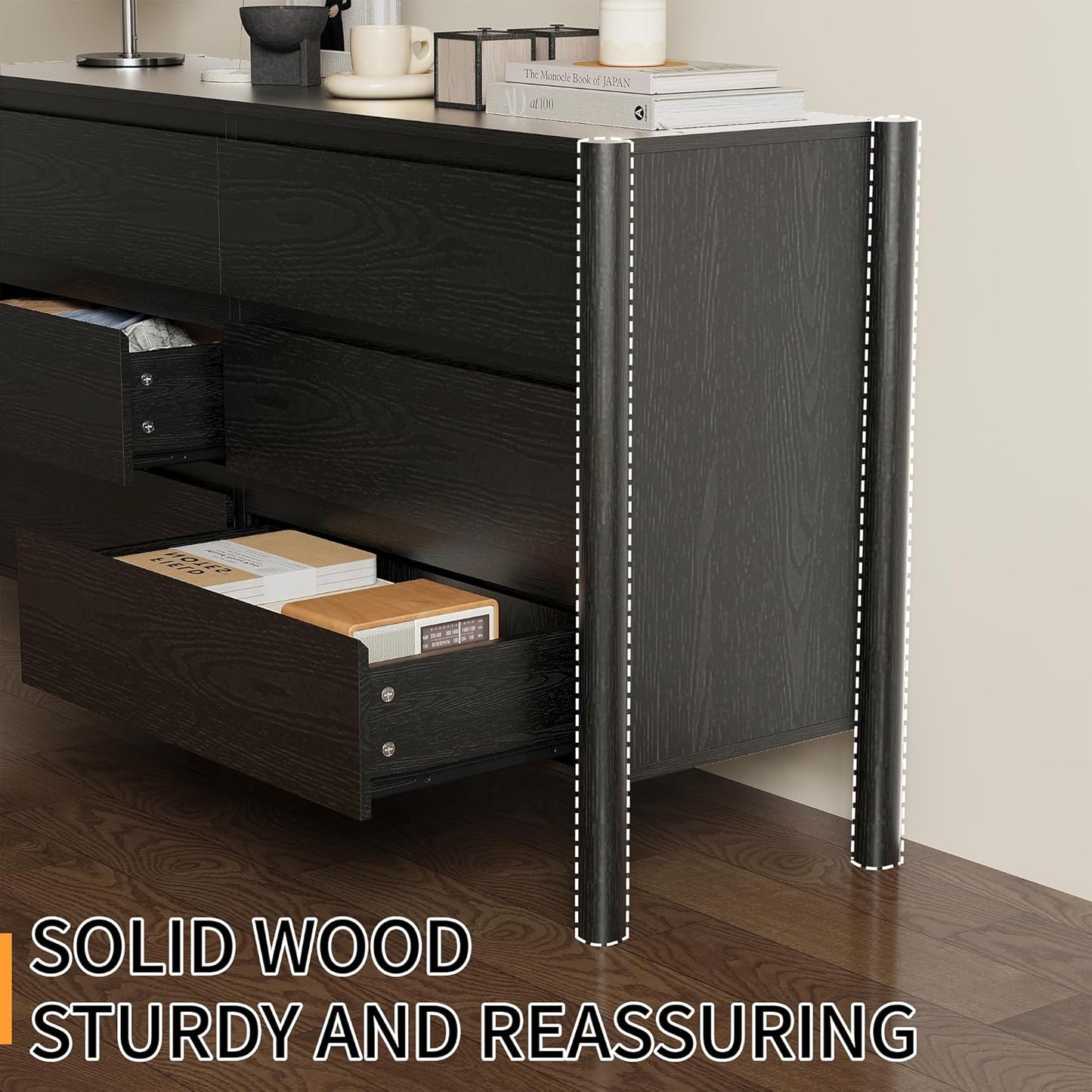 Dresser for Bedroom with 9 Drawers,63" Wide Black Dresser with 4 Solid Wood Legs, Wooden TV Stand,Closet Clothes Organizer for Bedroom, Hallway