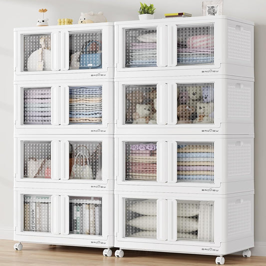 BROVIEW 160Gal Stackable Storage Bins with Lids & Wheels, 640Qt Plastic Collapsible Closet Organizer and Storage Drawers, Storage Boxes Cabinets for Home, Office, 8 Pack, White