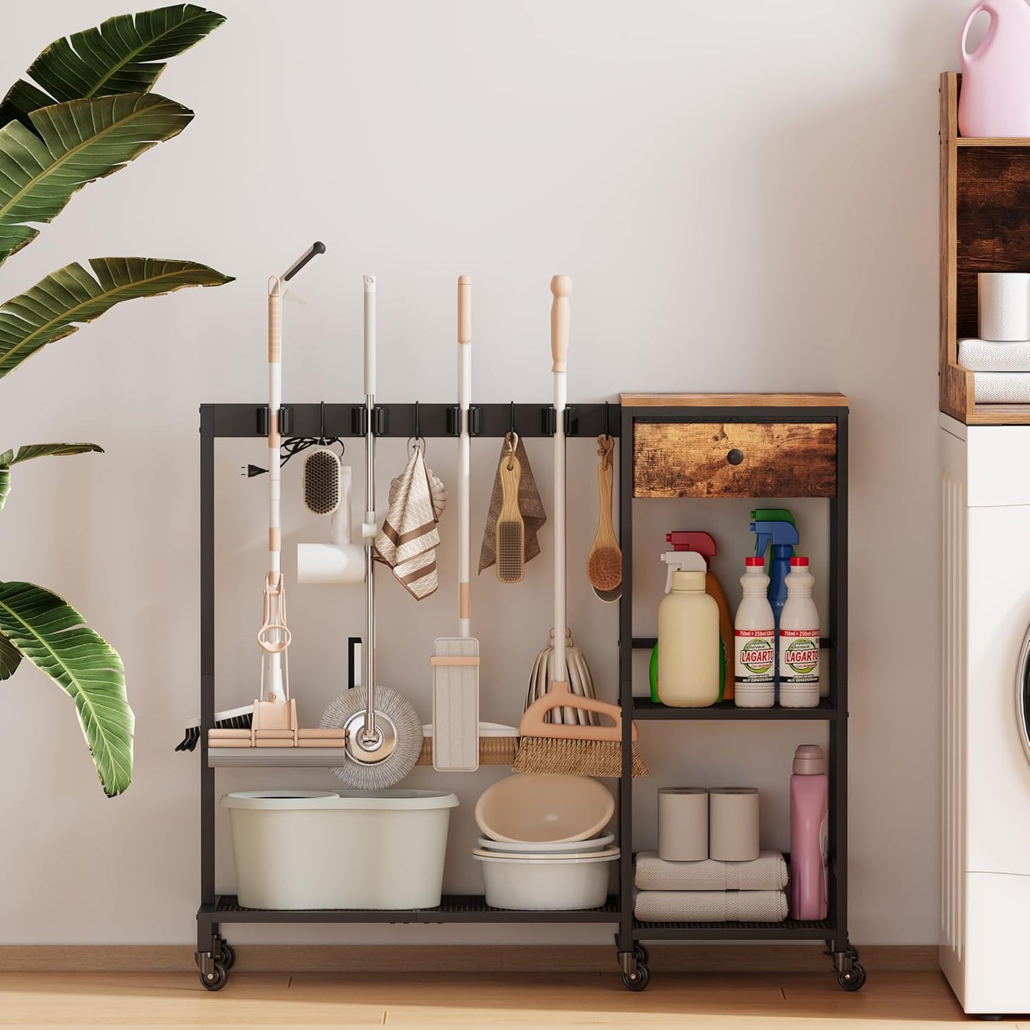 Heavy Duty Metal Cleaning Cart with Wheels,Broom Holder with Cleaning Supplies Organizer,Broom Storage Cart with Mop Hanger Gripper Rack Hooks for Home, Commercial (Rustic Brown, 37.6" L)