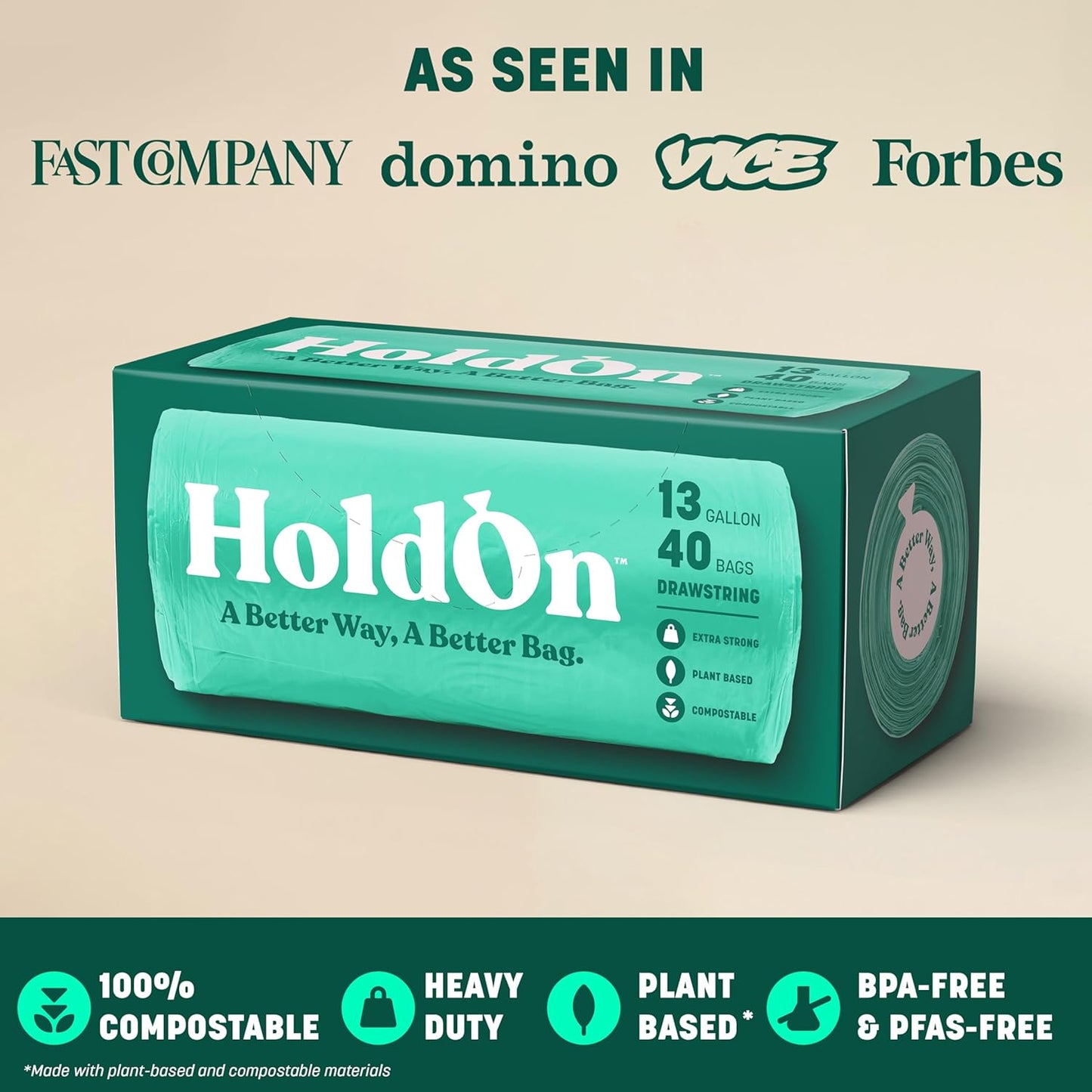 HoldOn 13-Gallon Trash Bags – Tall Kitchen Trash Bags with Drawstring Handles for Tall Trash Bins, Heavy-duty and Compostable, Large Trash Bags (40 bags, Pack of 2)