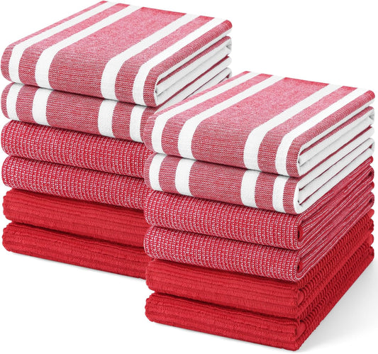 Homaxy Premium Kitchen Towels(18”x 28”, 12 Pack), Large Cotton 380 GSM Kitchen Hand Towels, Soft and Absorbent Terry Dish Towels, Multipurpose Tea Towel Set with Hanging Loop, Red