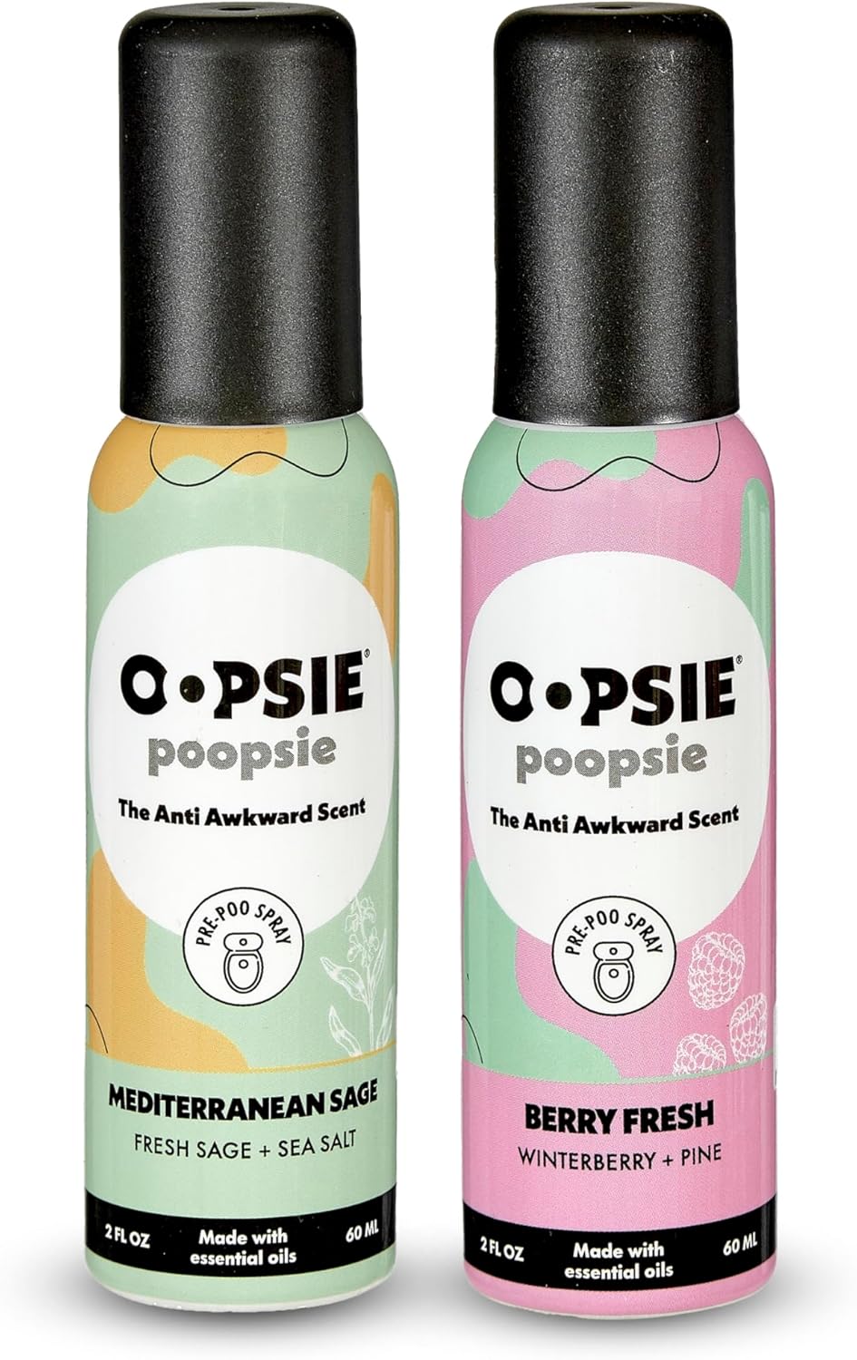 Oopsie Poopsie - Mediterranean Sage and Berry Fresh- Before & After You Go Toilet Spray 2oz Each - Gift Set - Portable Odor Eliminator - 2 Pack