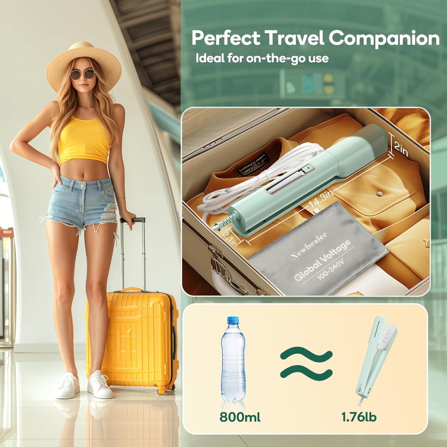 Newbealer 3in1 Clamp Travel Steam Iron with Global Voltage, 100-240V Clothes Steamer, Dry Ironing & 2 Steam Levels, Non-Stick Ceramic Soleplate, Auto-off, Self Cleaning, w/Detachable Clamp (Green)