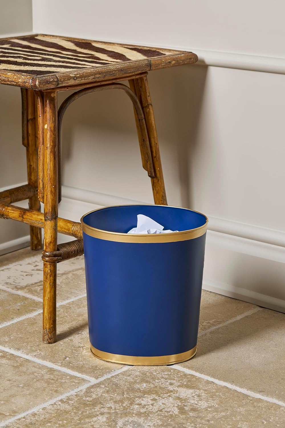 Jaye's Studio Mattie Line, Oval Wastebasket & Garbage Bin, Gold Trim & Finish, Hand-Painted, Handcrafted Metal, Trash Bin for Bedroom, Office, Bathroom, 12" x 10" x 8" (Navy)