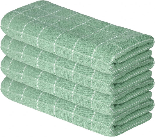 Artoid Mode Checkered Designed Cotton Light Green Terry Kitchen Dish Towels, 15x25 Inch Soft Absorbent Quick Drying Cleaning Tea Towels Set of 4