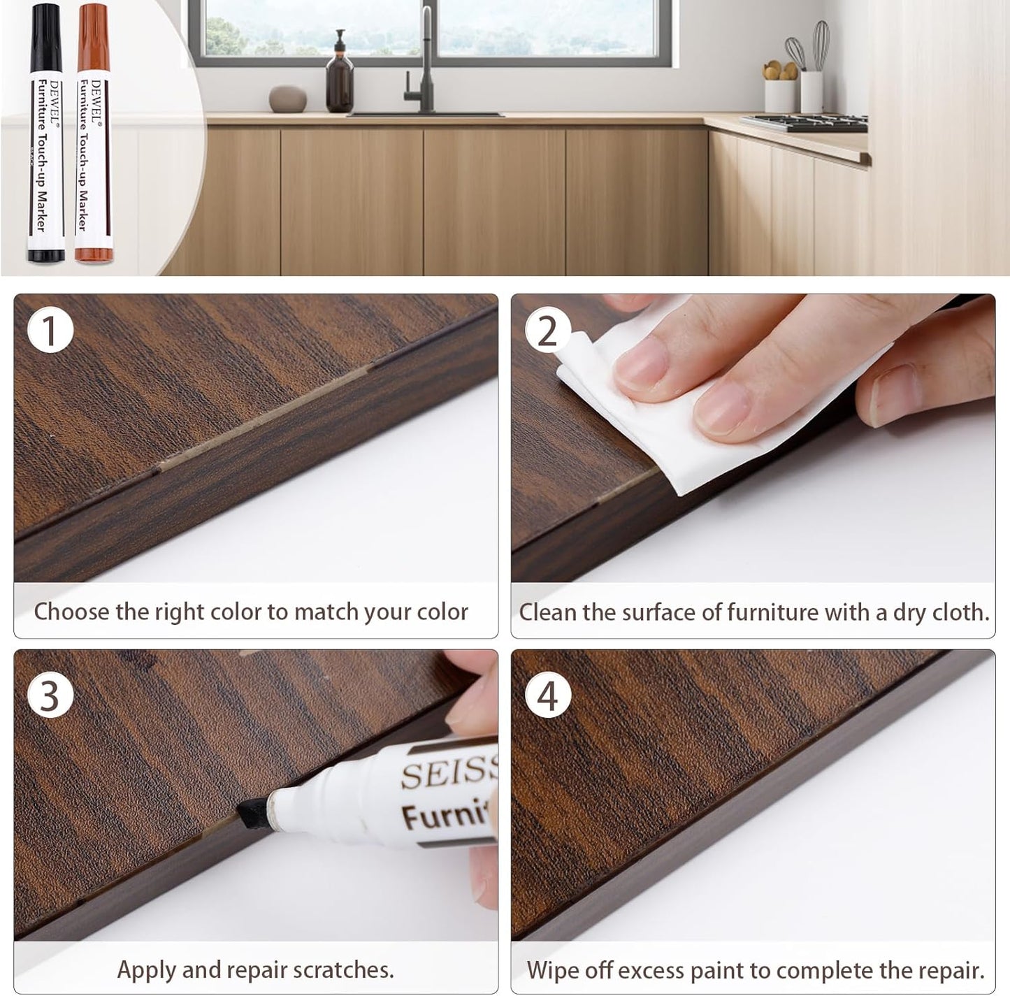 SEISSO Wood Furniture Repair Kit, Wood Filler and Touch Up Markers, Set of 28 Laminate Vinyl Floor Repair Kit for Scratches, Cracks, Holes, Discoloration for Door, Floor, Table, Cabinet