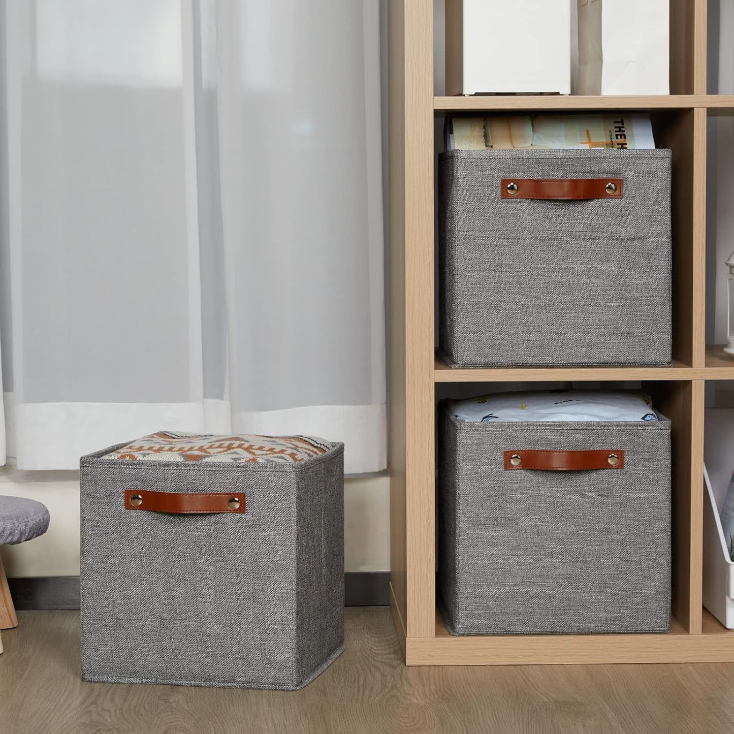 HNZIGE Shelf Storage Cubes Bins for Organizing, Set of 4, Cabby Fabric Cube 11x11 Closet Organizer with Handles (Gray)