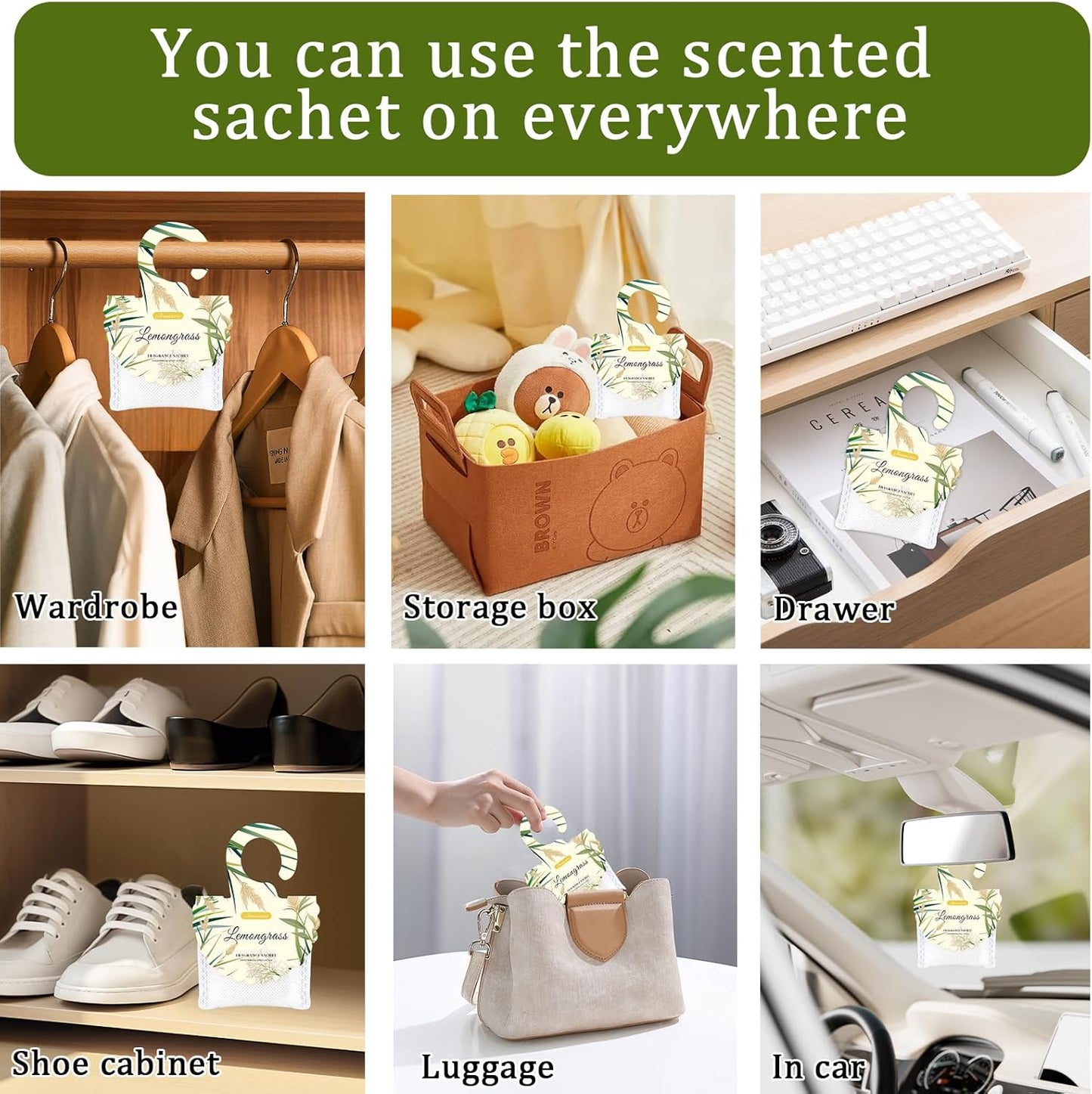 15 Packs Lemongrass Scented Sachets Bag for Drawers and Closets, Air Freshener for Home Fragrance Sachet, Long-Lasting Hanging Closet Deodorizer Smell Goods for House