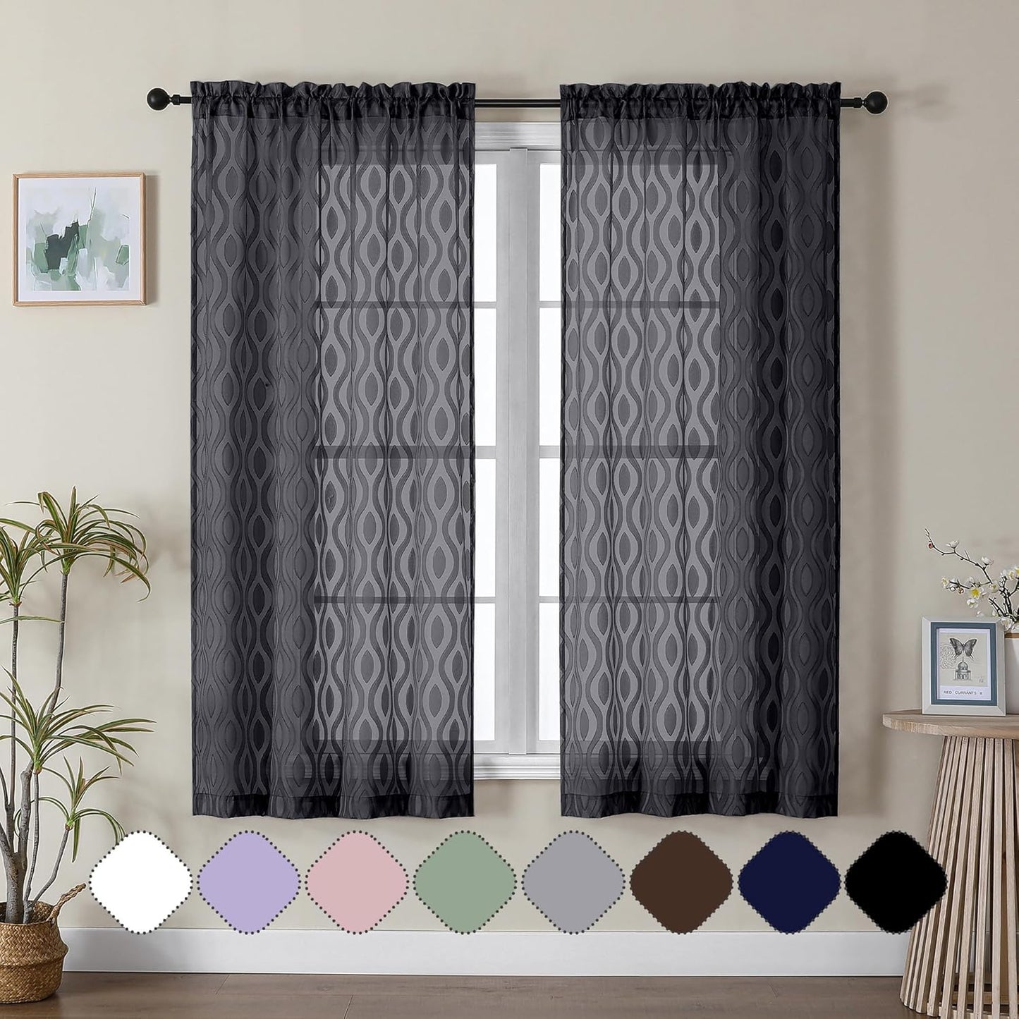 Aiyufeng Black Sheer Curtains 63 Inch Length 2 Panels Set, Solid Airy Light Filtering Voile for Bedroom Living Room, Modern Wavy Line Privacy Farmhouse Curtains, 40" W X 63" L