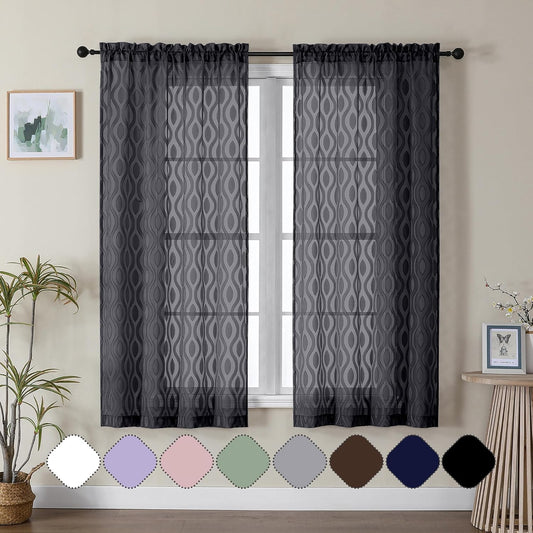 Aiyufeng Black Sheer Curtains 63 Inch Length 2 Panels Set, Solid Airy Light Filtering Voile for Bedroom Living Room, Modern Wavy Line Privacy Farmhouse Curtains, 40" W X 63" L