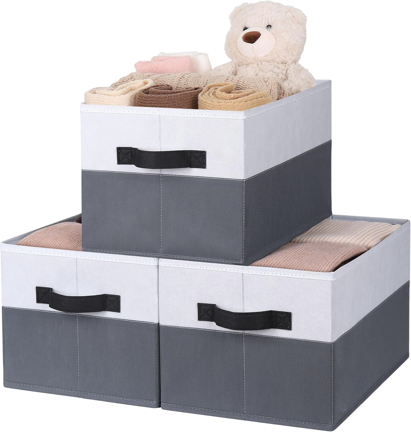 WUIKE Fabric Storage Bins, Extra Large Baskets for Organizing, Storage Bins for Shelves with Handles, Closet Organizer for Clothes, Gray & White, Extra Large, 3-Pack