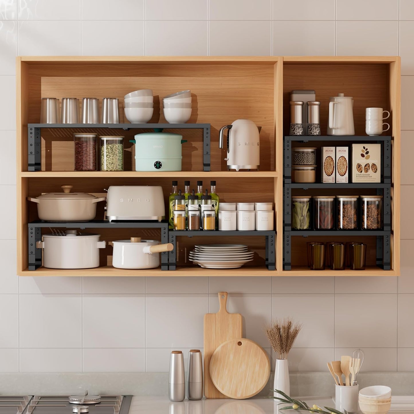 Metal Stackable Expandable Storage Shelf - Multi-Functional Home Storage Shelf, Suitable for Kitchen, Cabinet，Bathroom, Office, Garage, etc.（1PACK/Black/Large