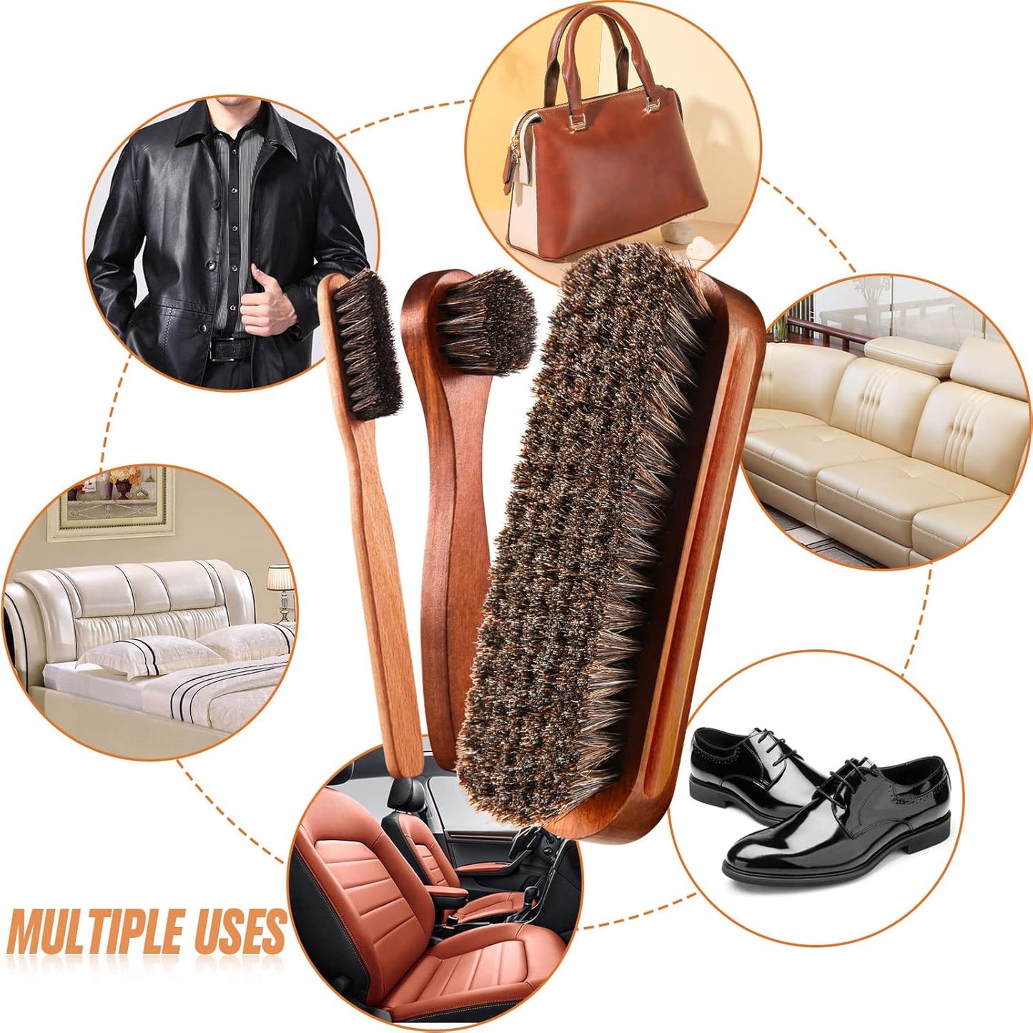 7 Pcs Horsehair Shine Shoes Brush Kit Polish Dauber Applicators Cleaning Leather Shoes Boots Care Brushes Suede Cleaner Brush with Microfiber Shoe Cloth(7 Pcs Style C)