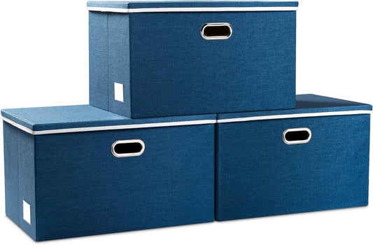 PRANDOM Extra Large Collapsible Storage Bins with Lids [3-Pack] Linen Fabric Foldable Storage Baskets Boxes Organizer Containers Cube with Cover for Bedroom Closet Office Nursery (22.8x15.75x13.8)