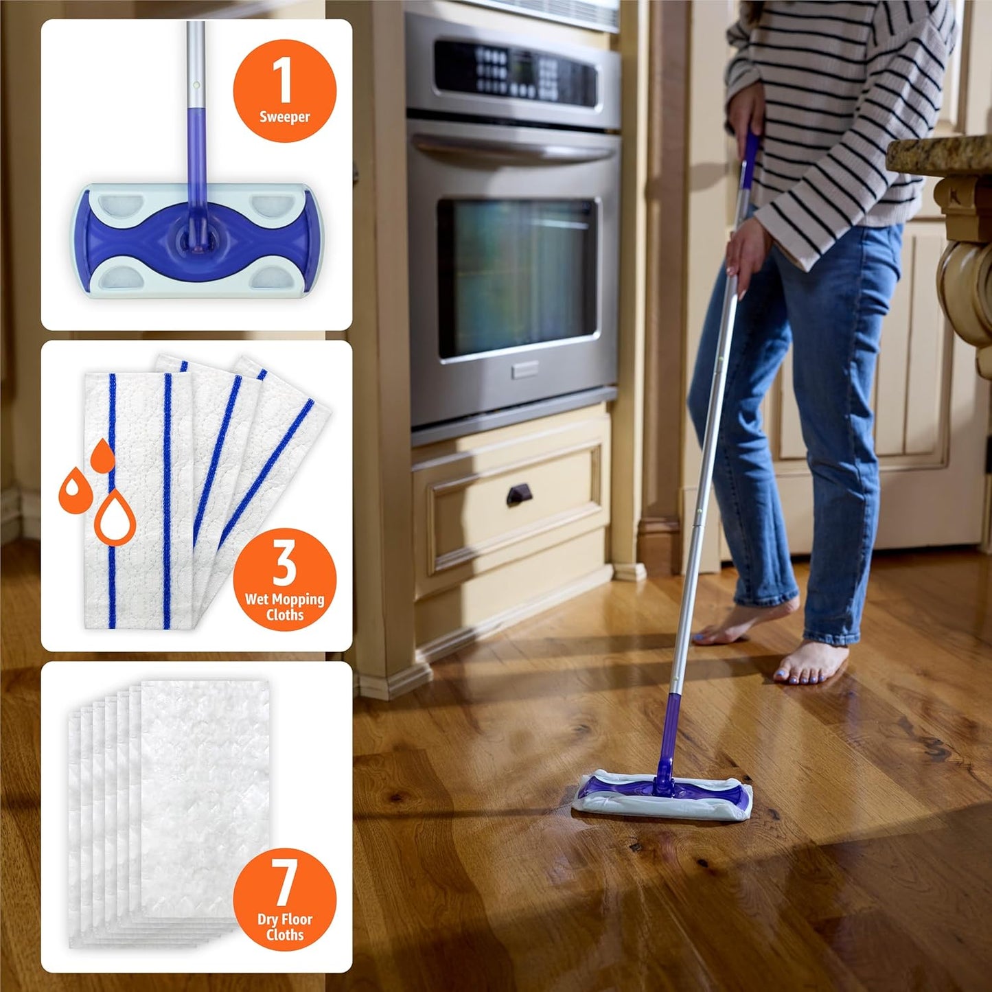 Amazon Basics Wet & Dry Sweeper Kit (1 Sweeper Handle, 7 Heavy Duty Dry Cloths, 3 Wet Floor Cloths) Pack of 1