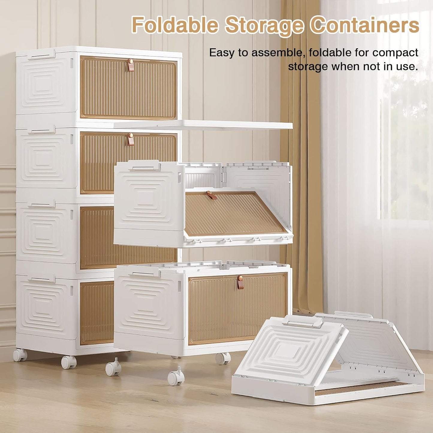 VECELO 4 Tier Storage Bins with Lid, Stackable Storage Boxes with Magnetic Doors & Wheels, Foldable Storage Containers, 23 QT Closet Organizers and Storage for Living Room, Office, Dorm