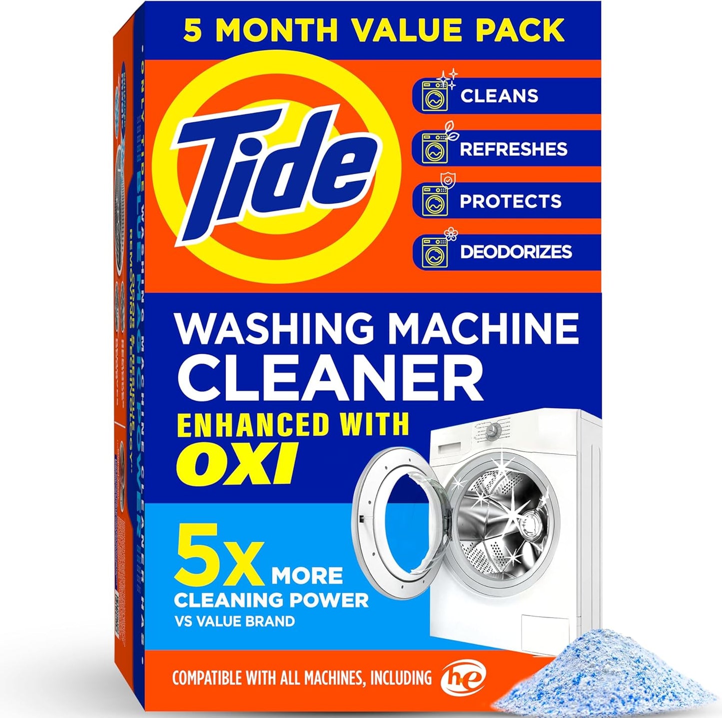 Washing Machine Cleaner by Tide, Washer Machine Cleaner with Oxi for Front and Top Loader Washer Machines, Deep Cleaning Residue & Odor Eliminator, 5 Month Supply (Packaging May Vary)