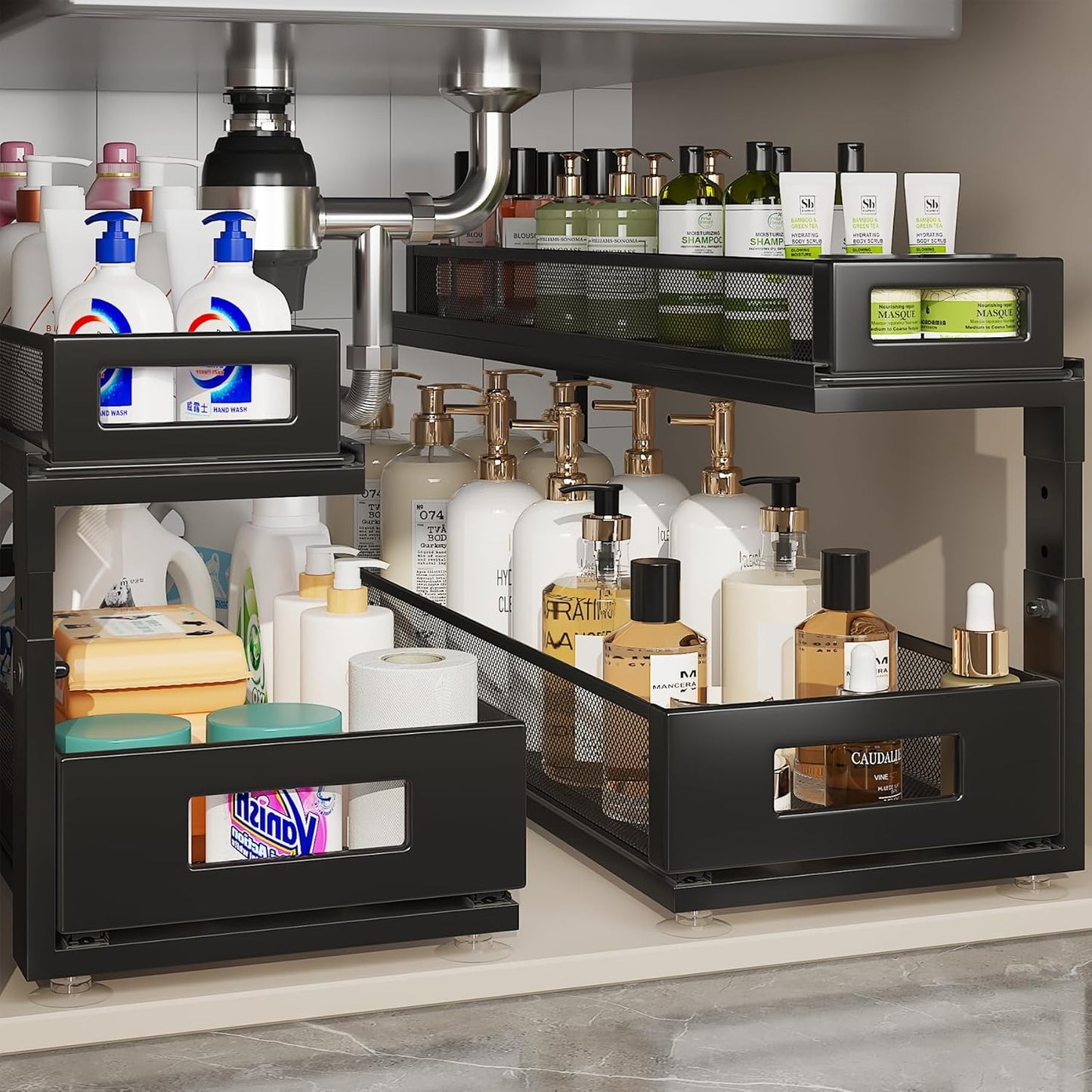 2 Pack 21.3IN-Depth Under Sink Organizer with Next-Gen Ball-Bearing Slides,2-Tier Pull Out Cabinet Storage,Height Adjustable Drawer Shelf for Bathroom,Kitchen,Laundry,Cabinet,Pantry-Black