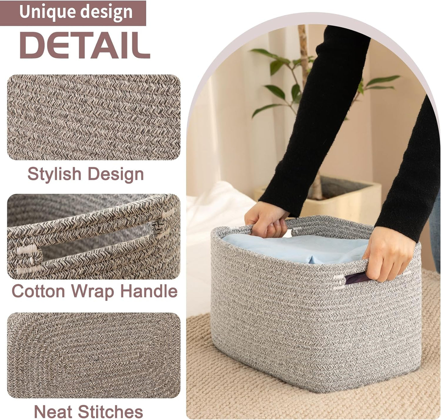 OIAHOMY 4 Pack Storage Baskets for Organizing, Cube Storage Bins for Shelves, Rectangle Storage Baskets With Handles, Woven Baskets for Storage, 12.7''Lx9''Wx7.8''H, Grey