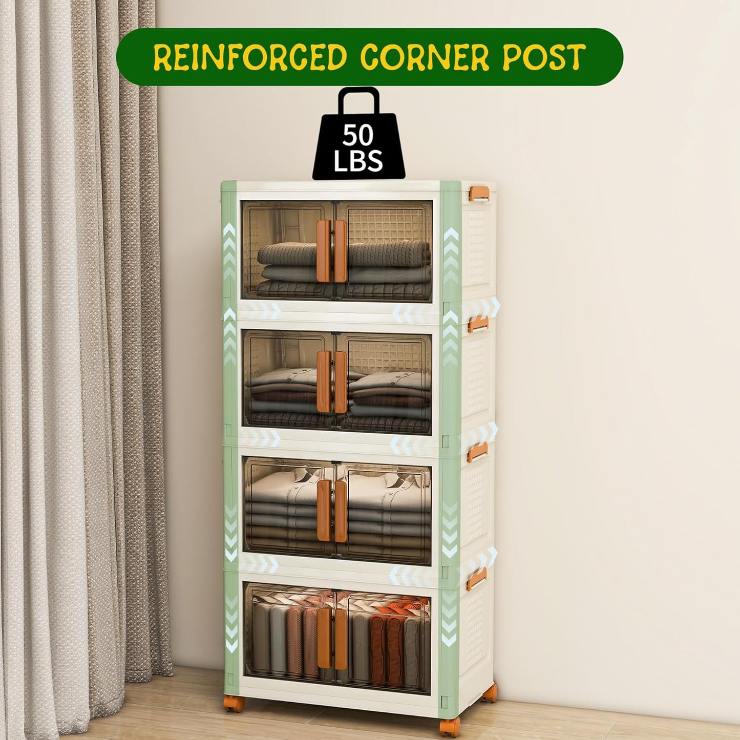 4 Tier Stackable Plastic Storage Bins with 1 Lid 35 QT/Tier, Collapsible Plastic Box Storage Bin with Wheels, Home Containers Boxes Closet Organizers for Living Room, Office, Dorm