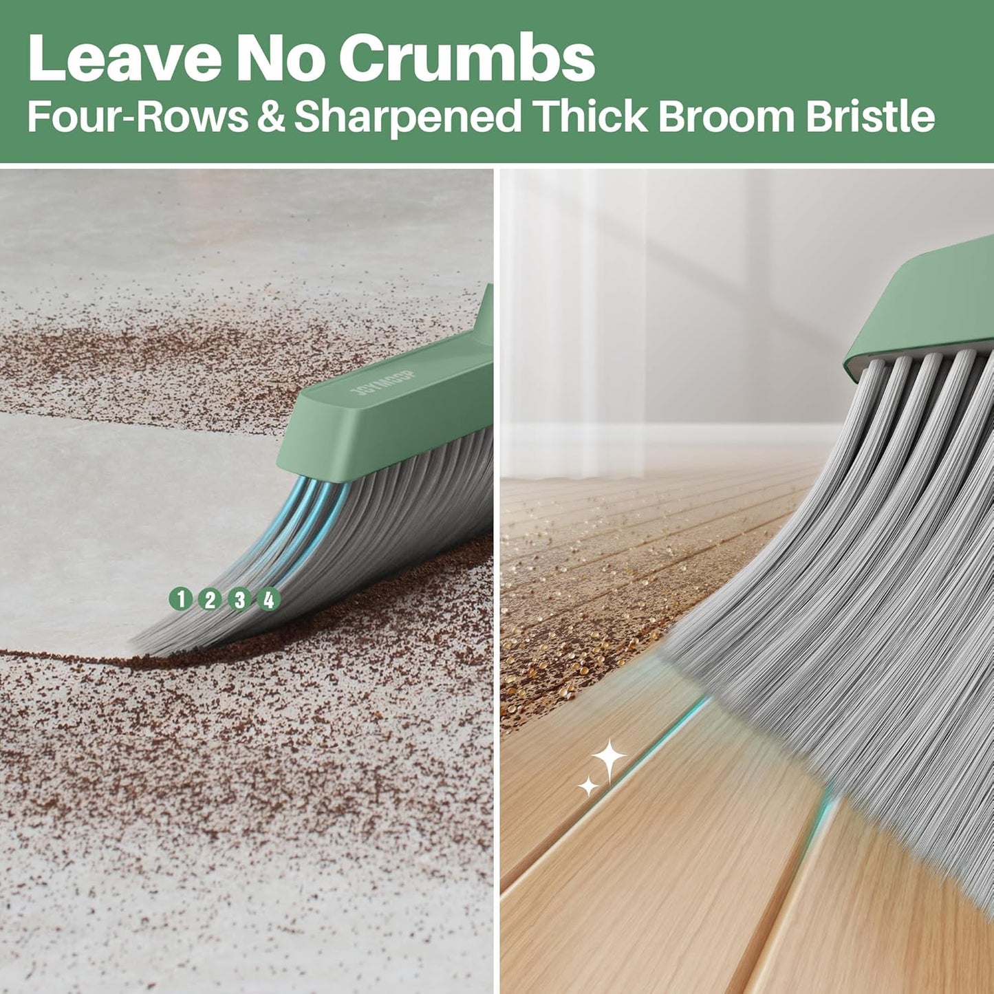 JOYMOOP Dark Teal Green Broom and Dustpan Set, Upright Angle with Built-in Comb Teeth, Ideal for Home, Office, Hardwood, Pet Hair