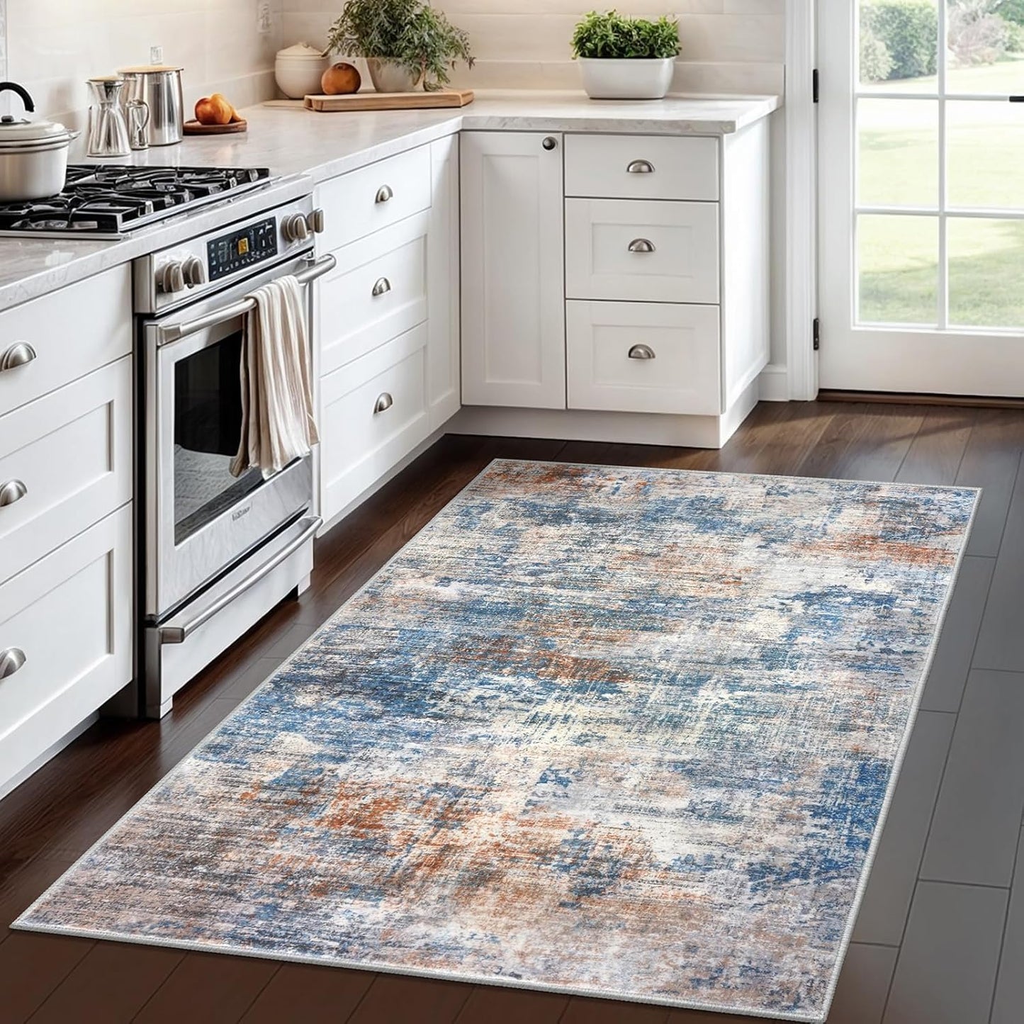 IOHOUZE Abstract Area Rug 4x6 Ft Washable Rugs for Entryway Indoor, Non Slip Small Living Room Rugs Printed Faux Wool Throw Rug, Floor Carpet for Kitchen Nursery Playroom, Blue Rust