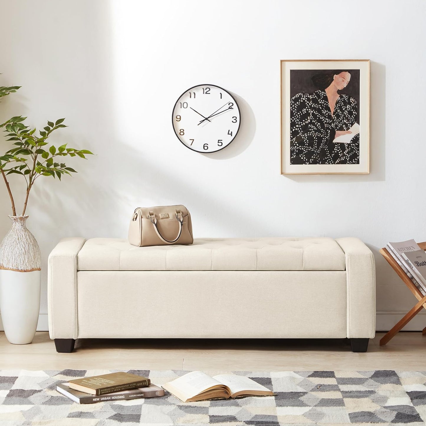 48" Ottoman with Storage, Large Storage Ottoman Bench for Bedroom with Safety Hinge, Upholstered Tufted Window Benches, End of Bed Bench for Living Room, Entryway Bench with Seating, Beige