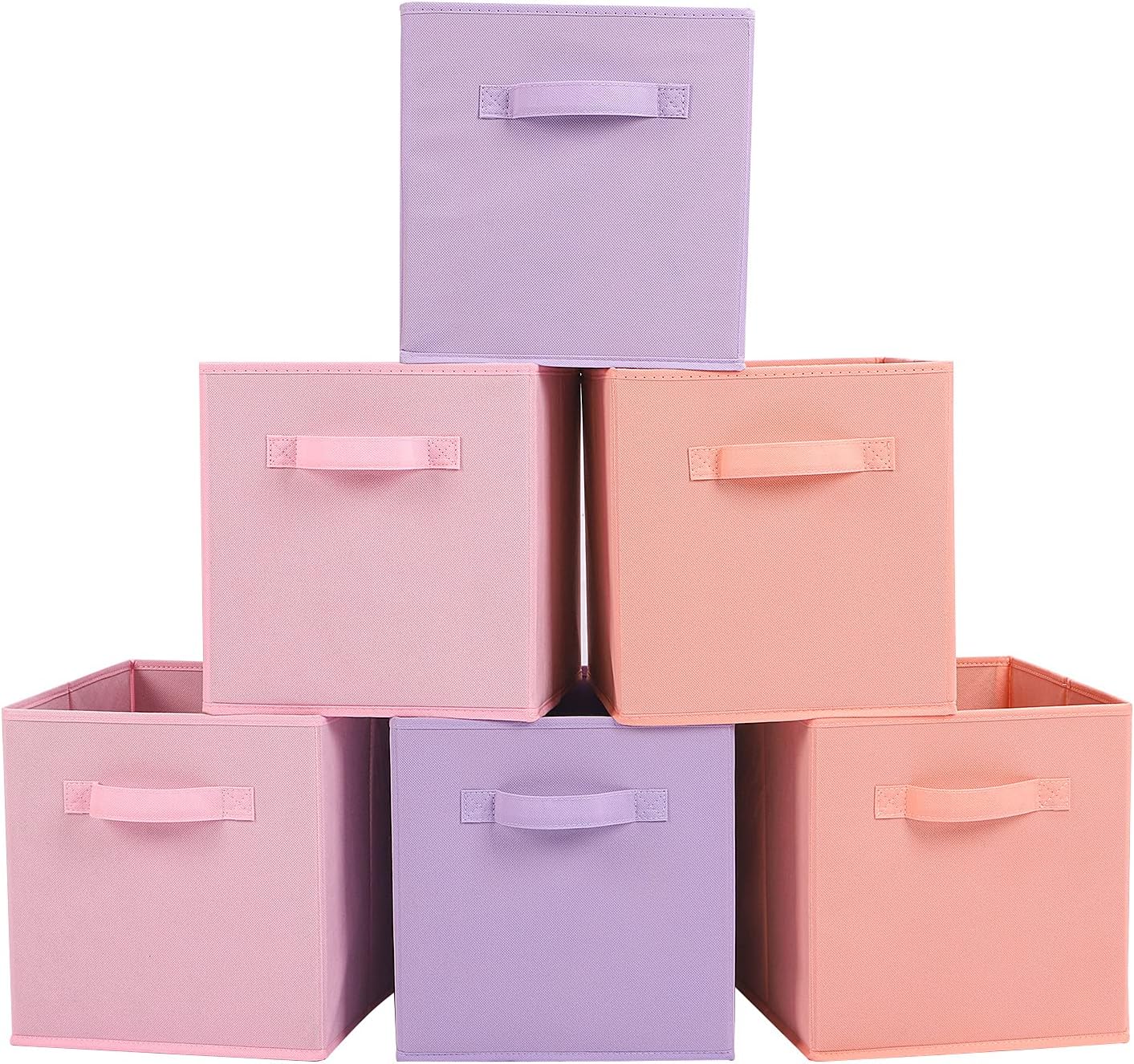Stero 13x13x13 Inch Fabric Storage Bins 6 Pack Fun Colored Durable Storage Cubes with Handles Foldable Cube Baskets for Home, Kids Room, Closet and Toys Organization Purple, Pink, peachpuff